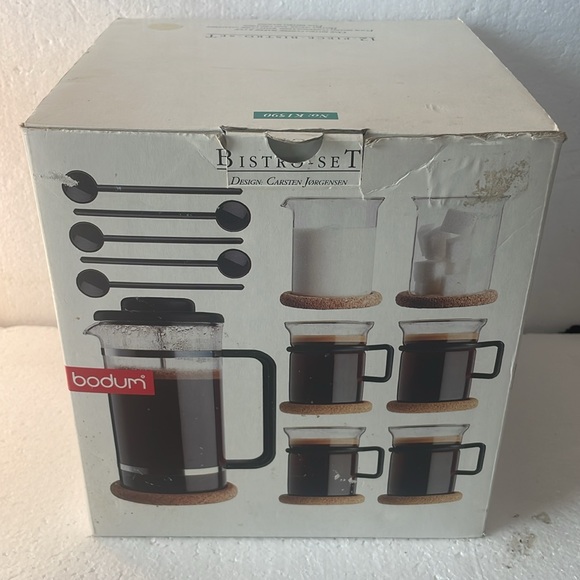Vintage Bodum coffee glasses cork coasters bistro sugar creamer spoons Jorgensen - Picture 3 of 16